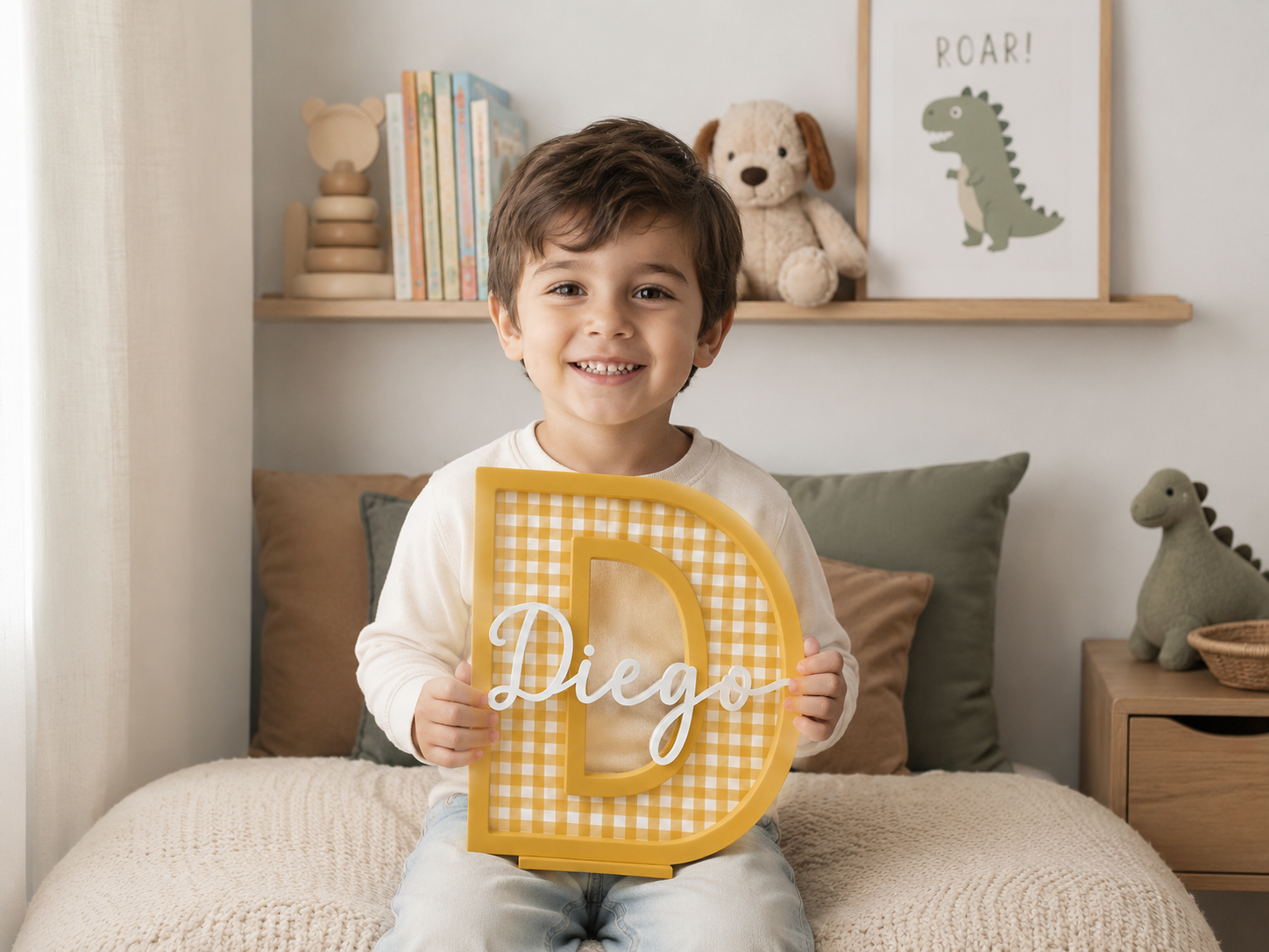 Letra decorativa personalizada vichy mostaza decoración infantil montessori
