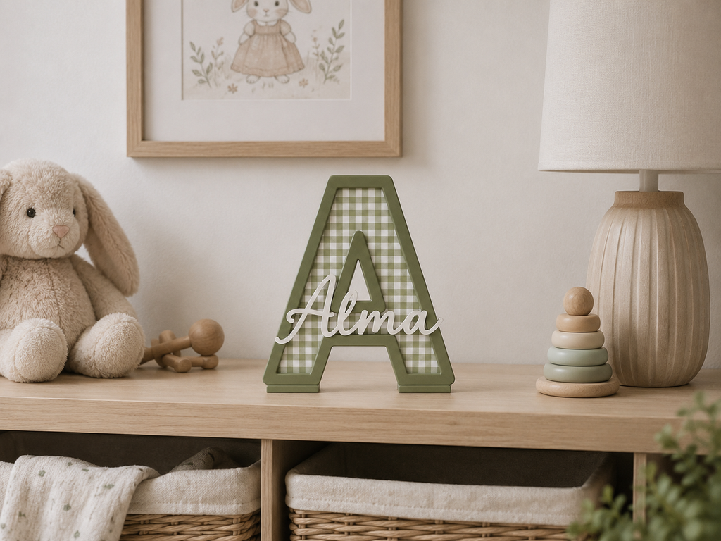 Letra decorativa personalizada vichy oliva para habitación infantil